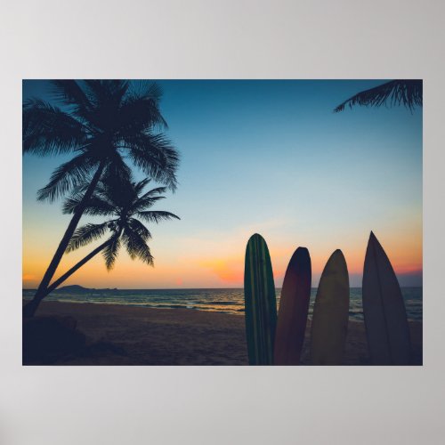 Tropical Paradise Surfing Sunset Poster