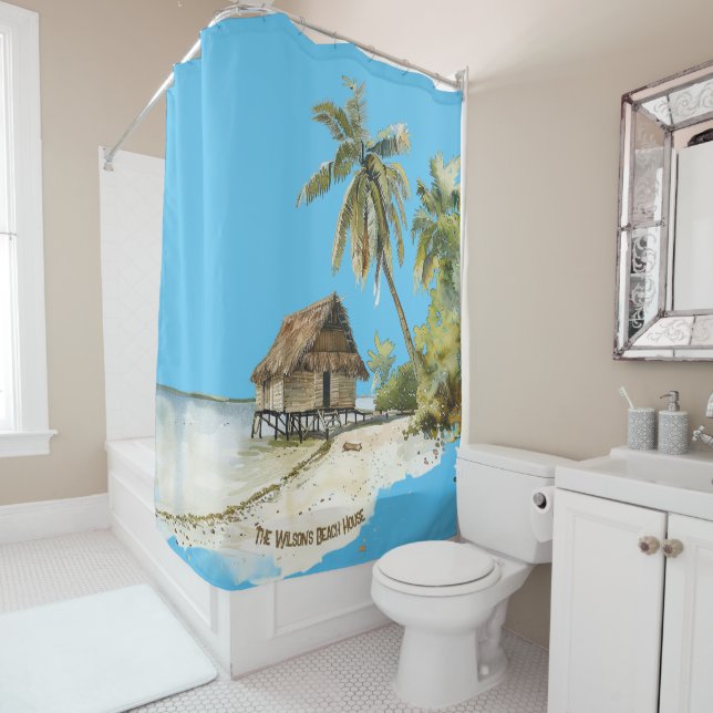 Tropical Paradise Thatched House Beach Shower Curtain (In Situ)