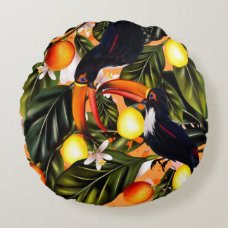 Tropical paradise.Toucans and citrus Round Pillow