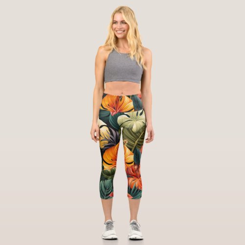 Tropical Paradise Vibrant Blooms  Capri Leggings