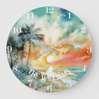 Tropical Paradise - Watercolor Beach Large Clock