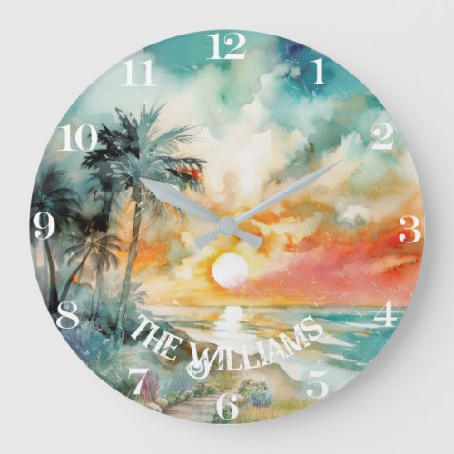 Tropical Paradise _ Watercolor Beach Large Clock