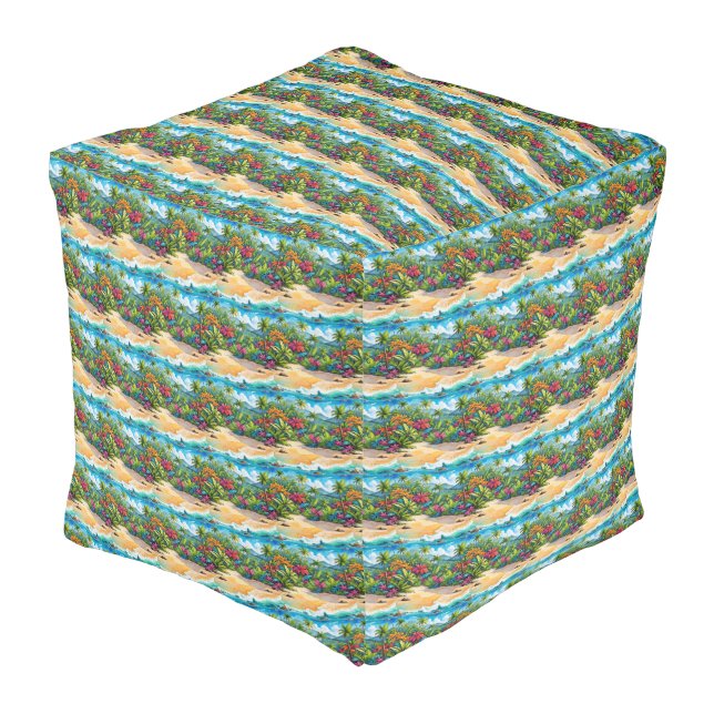 Tropical Paradise Watercolor Pattern Pouf (Angled Front)