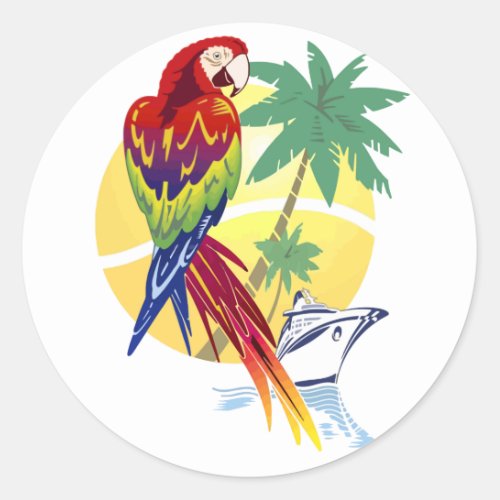 Tropical Paradise with Macaw and Cruise Ship Classic Round Sticker