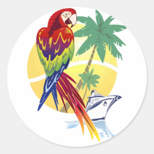 Tropical Paradise with Macaw and Cruise Ship Classic Round Sticker