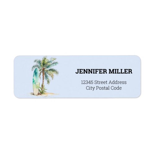 Tropical paradise with palm tree and surfboard label
