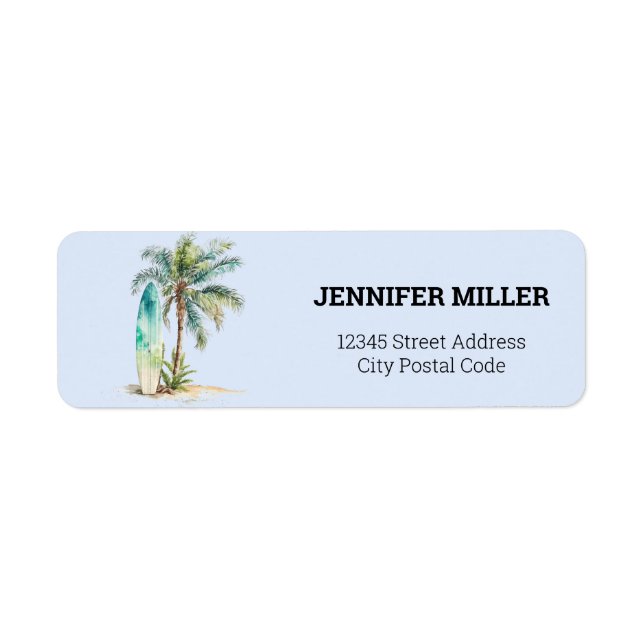 Tropical paradise with palm tree and surfboard label (Front)
