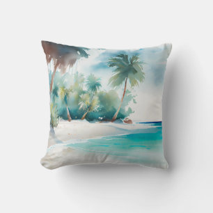 Tropical Paradise with Sandy Beach and Palm Trees Throw Pillow