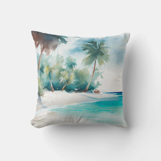 Tropical Paradise with Sandy Beach and Palm Trees  Throw Pillow (Front)