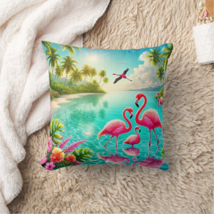 Tropical Paradise with Vibrant Flamingos by Crysta Throw Pillow