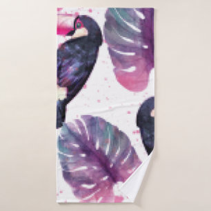 Tropical paradise with watercolor parrots and palm bath towel