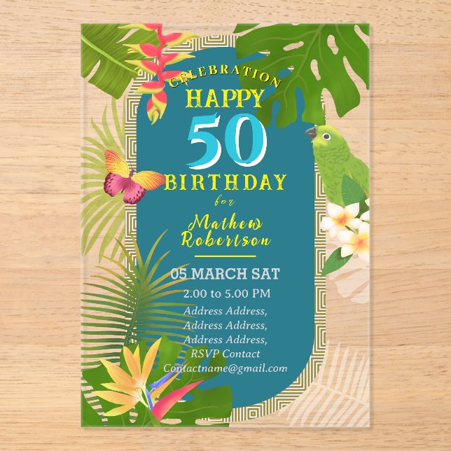 Tropical Paradise yearly 50th  Birthday Teal Acrylic Invitations (Front)