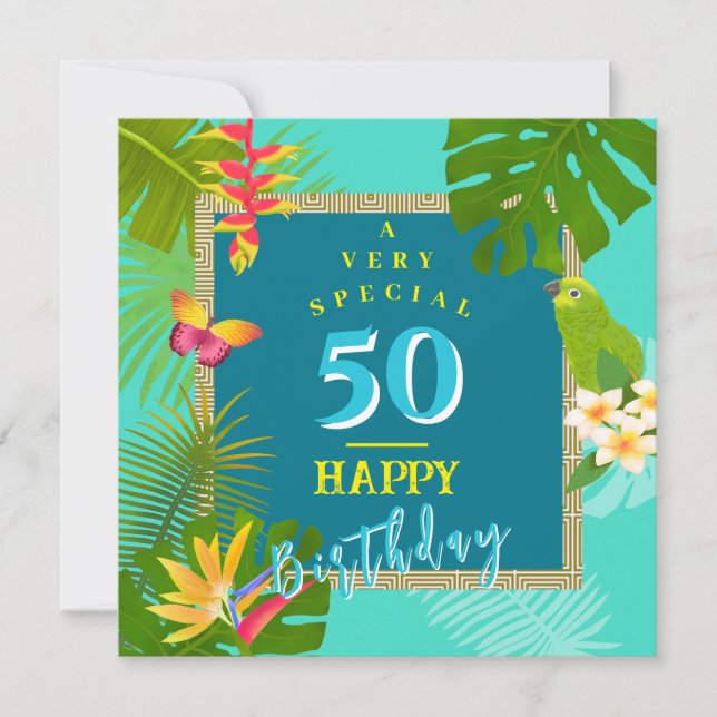 Tropical Paradise Yearly 50th Teal Birthday Card (Front)