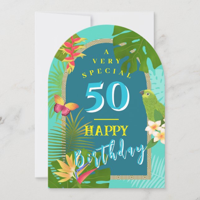 Tropical Paradise Yearly 50th  Teal Birthday Card (Front)
