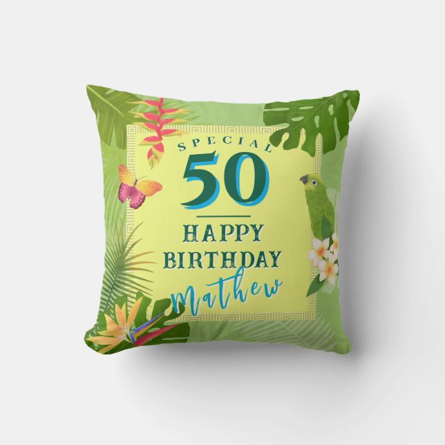 Tropical Paradise Yearly Birthday Green Throw Pillow (Front)