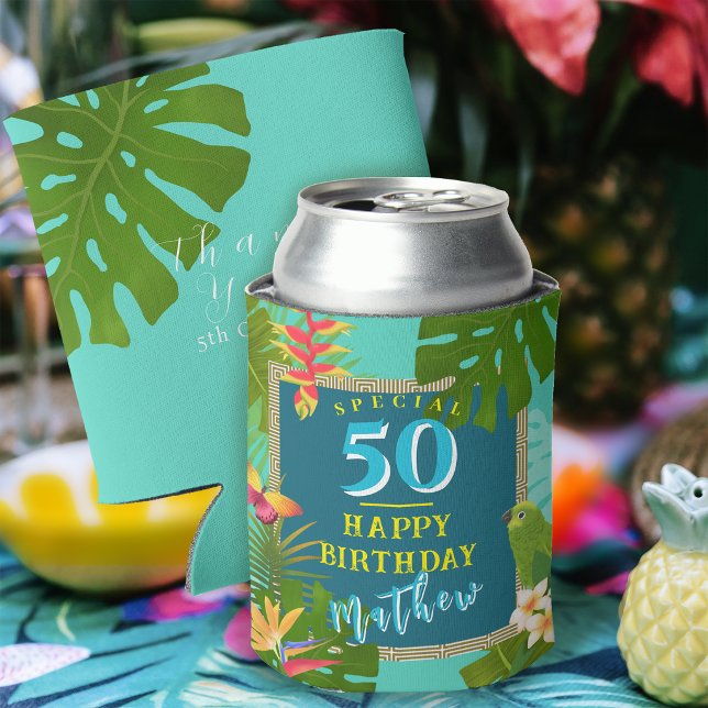 Tropical Paradise Yearly Birthday Teal Can Cooler (Tropical Paradise Yearly Birthday Teal Can Cooler)
