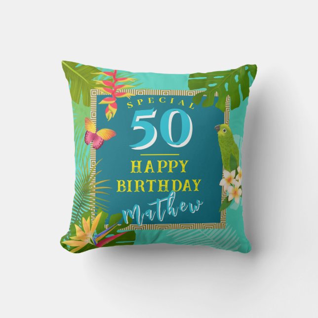 Tropical Paradise Yearly Birthday Teal Throw Pillow (Front)