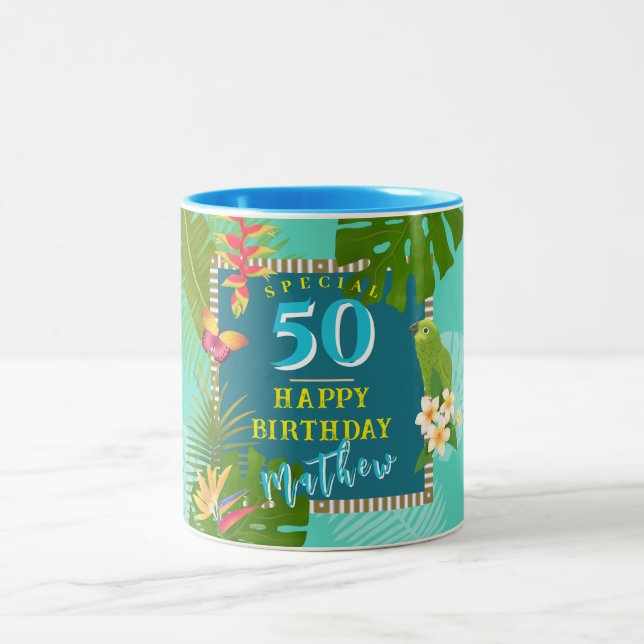 Tropical Paradise Yearly Birthday Teal Two-Tone Coffee Mug (Center)