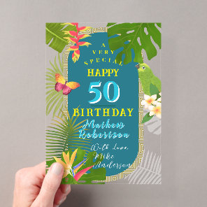 Tropical Paradise Yearly Teal Birthday Card Acrylic Invitations