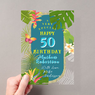 Tropical Paradise Yearly Teal Birthday Card Acrylic Invitations