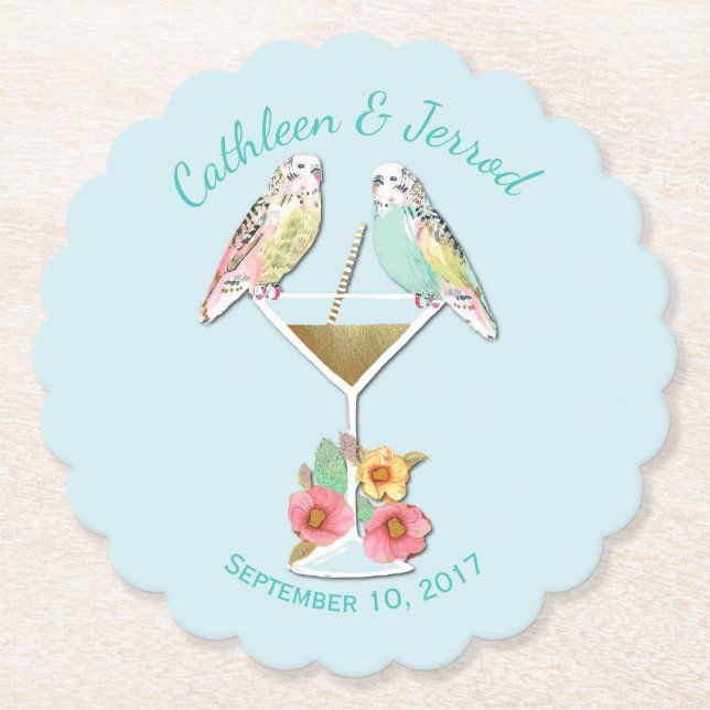 Tropical Parakeets Wedding Favor Paper Coasters (Front)