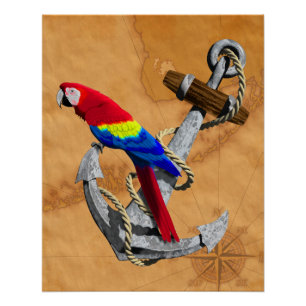 Tropical Parrot And Anchor Poster