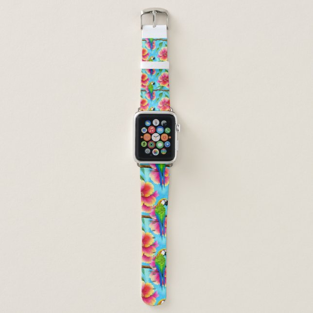 Tropical Parrot and Flower Pattern  Apple Watch Band (Front)