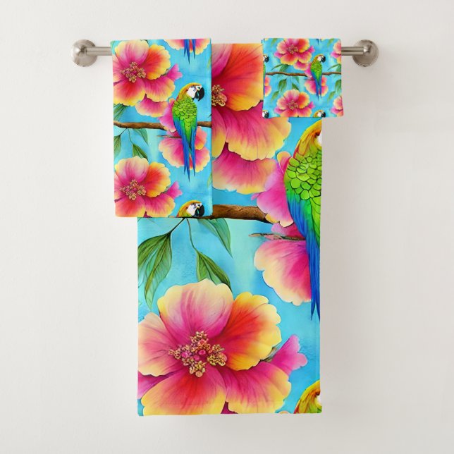 Tropical Parrot and Flower Pattern  Bath Towel Set (Insitu)