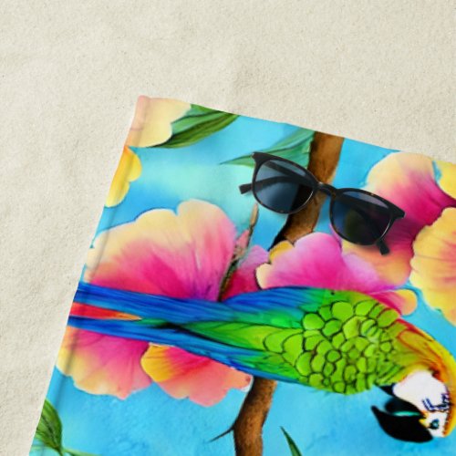 Tropical Parrot and Flower Pattern  Beach Towel