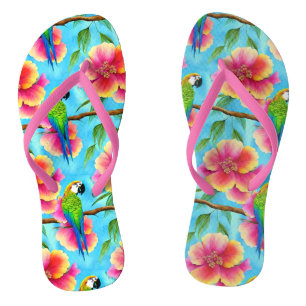 Tropical Parrot and Flower Pattern Flip Flops