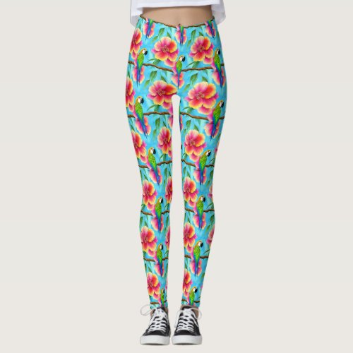 Tropical Parrot and Flower Pattern  Leggings