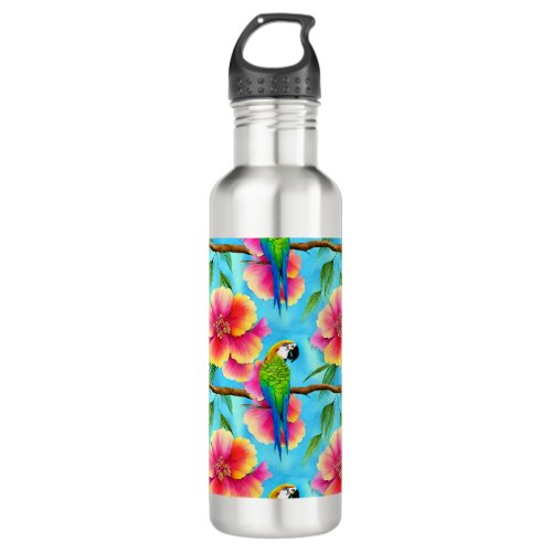 Tropical Parrot and Flower Pattern  Stainless Steel Water Bottle