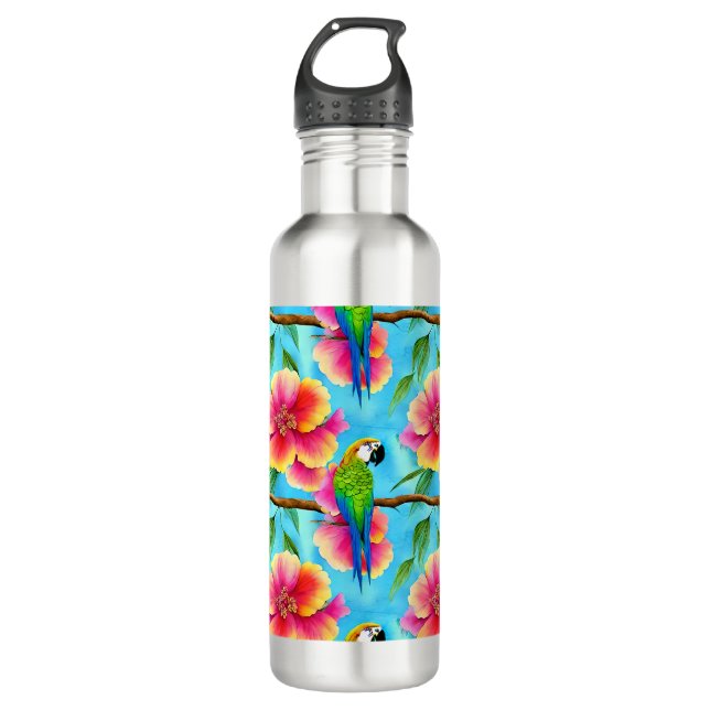 Tropical Parrot and Flower Pattern  Stainless Steel Water Bottle (Front)