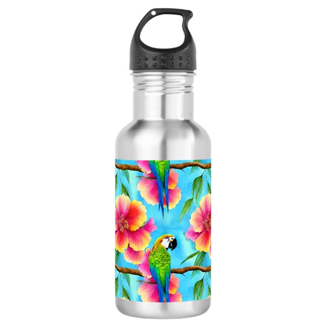 Tropical Parrot and Flower Pattern  Stainless Steel Water Bottle (Front)