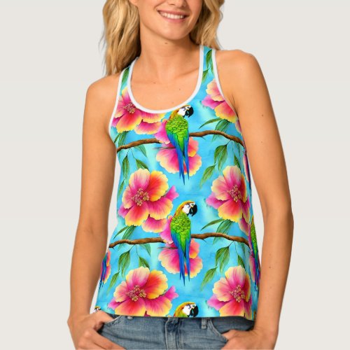 Tropical Parrot and Flower Pattern  Tank Top