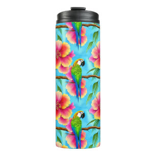 Tropical Parrot and Flower Pattern Thermal Tumbler