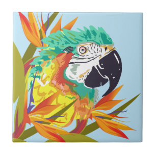Tropical Parrot and Flowers Ceramic Tile