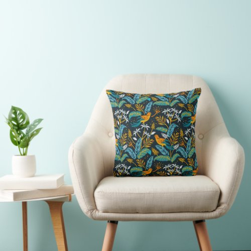 Tropical Parrot Birds  Colorful Leaves Pattern Throw Pillow