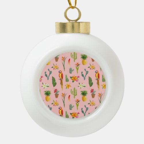 Tropical Parrot Cactus Vintage Pattern Ceramic Ball Christmas Ornament