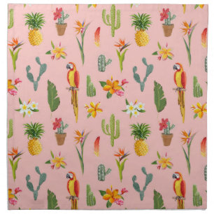 Tropical Parrot, Cactus Vintage Pattern. Cloth Napkin