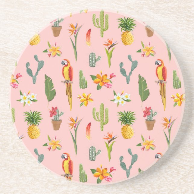 Tropical Parrot, Cactus Vintage Pattern. Coaster (Front)