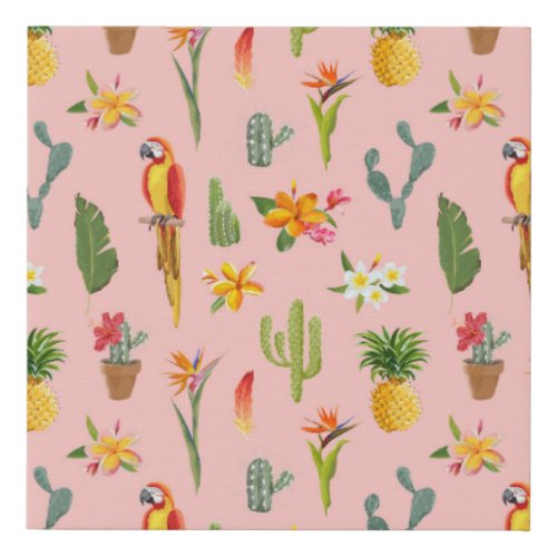 Tropical Parrot Cactus Vintage Pattern Faux Canvas Print