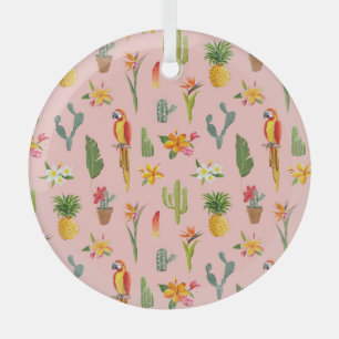 Tropical Parrot, Cactus Vintage Pattern. Glass Ornament