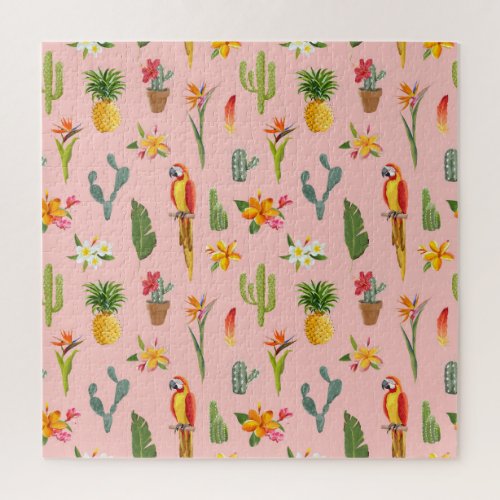 Tropical Parrot Cactus Vintage Pattern Jigsaw Puzzle