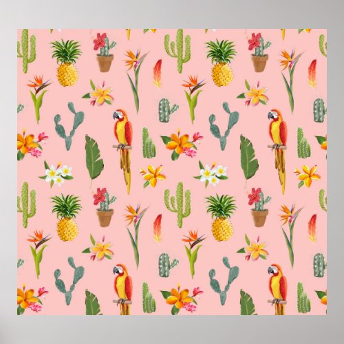 Tropical Parrot Cactus Vintage Pattern Poster