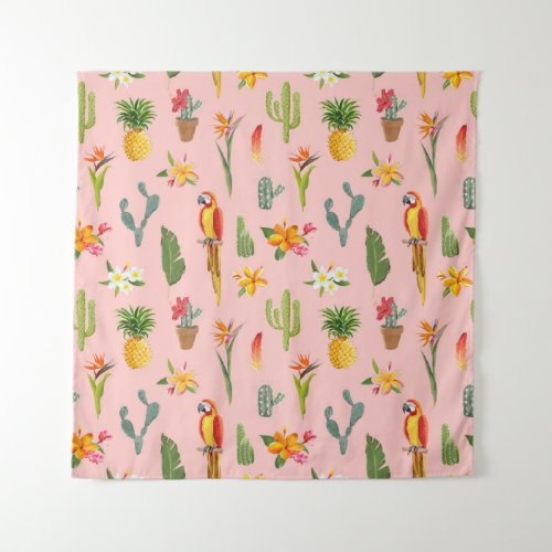 Tropical Parrot Cactus Vintage Pattern Tapestry