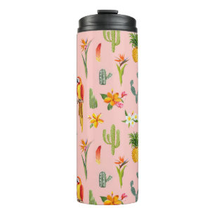 Tropical Parrot, Cactus Vintage Pattern. Thermal Tumbler