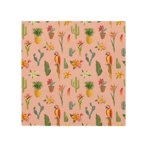 Tropical Parrot Cactus Vintage Pattern Wood Wall Art