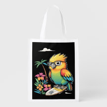 Tropical Parrot Chill Vibes Reusable Grocery Bag