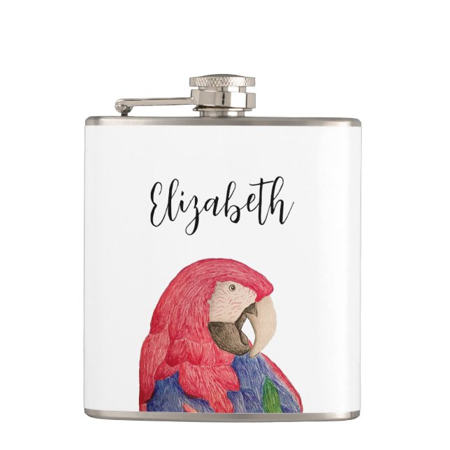Tropical Parrot Colorful Macaw Drawing Flask (Front)